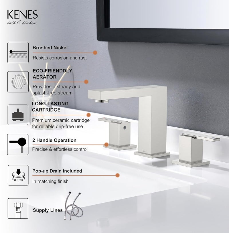 KENES Brushed Nickel Widespread Bathroom Faucet 2 Handle Bathroom Sink Faucet 3 Hole, 8-Inch 3 Pieces Vanity Faucet with Pop Up Drain & Supply Lines, KE-9050-P - Image 3